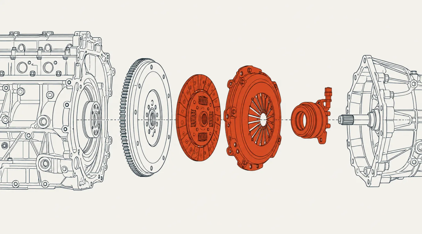 Vue éclatée d’un kit embrayage (disque, mécanisme, butée) entre le volant moteur, le moteur et la boîte