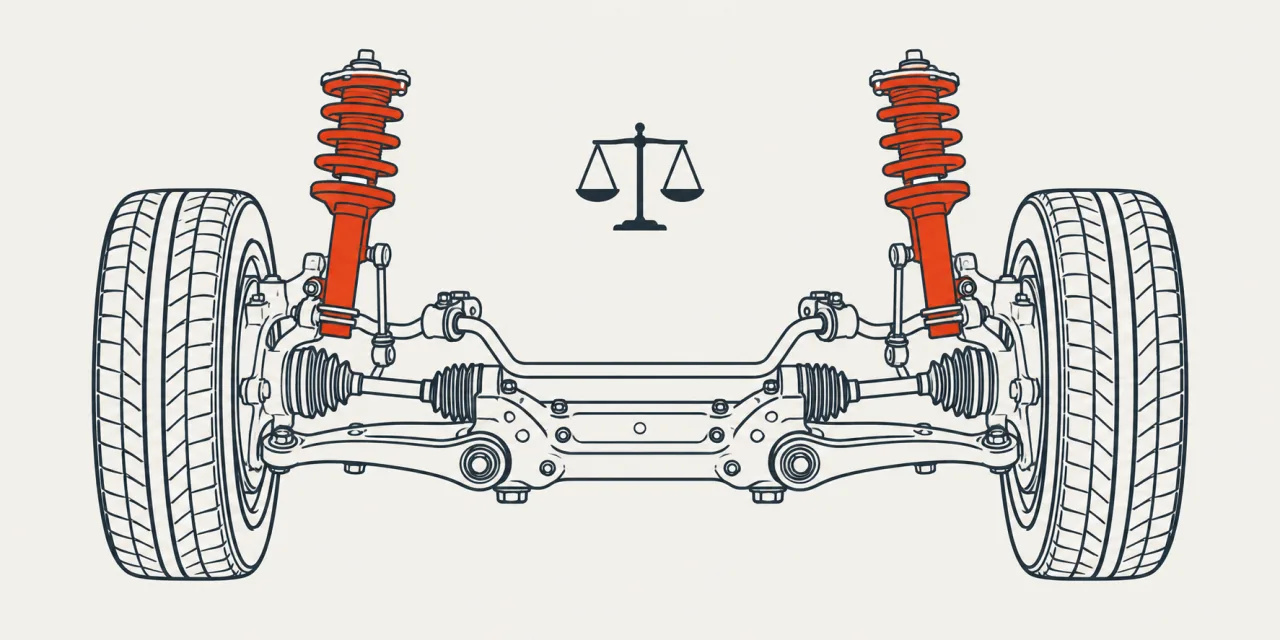 Essieu avant vu de face, ses deux amortisseurs mis en évidence ensemble sous un symbole de balance